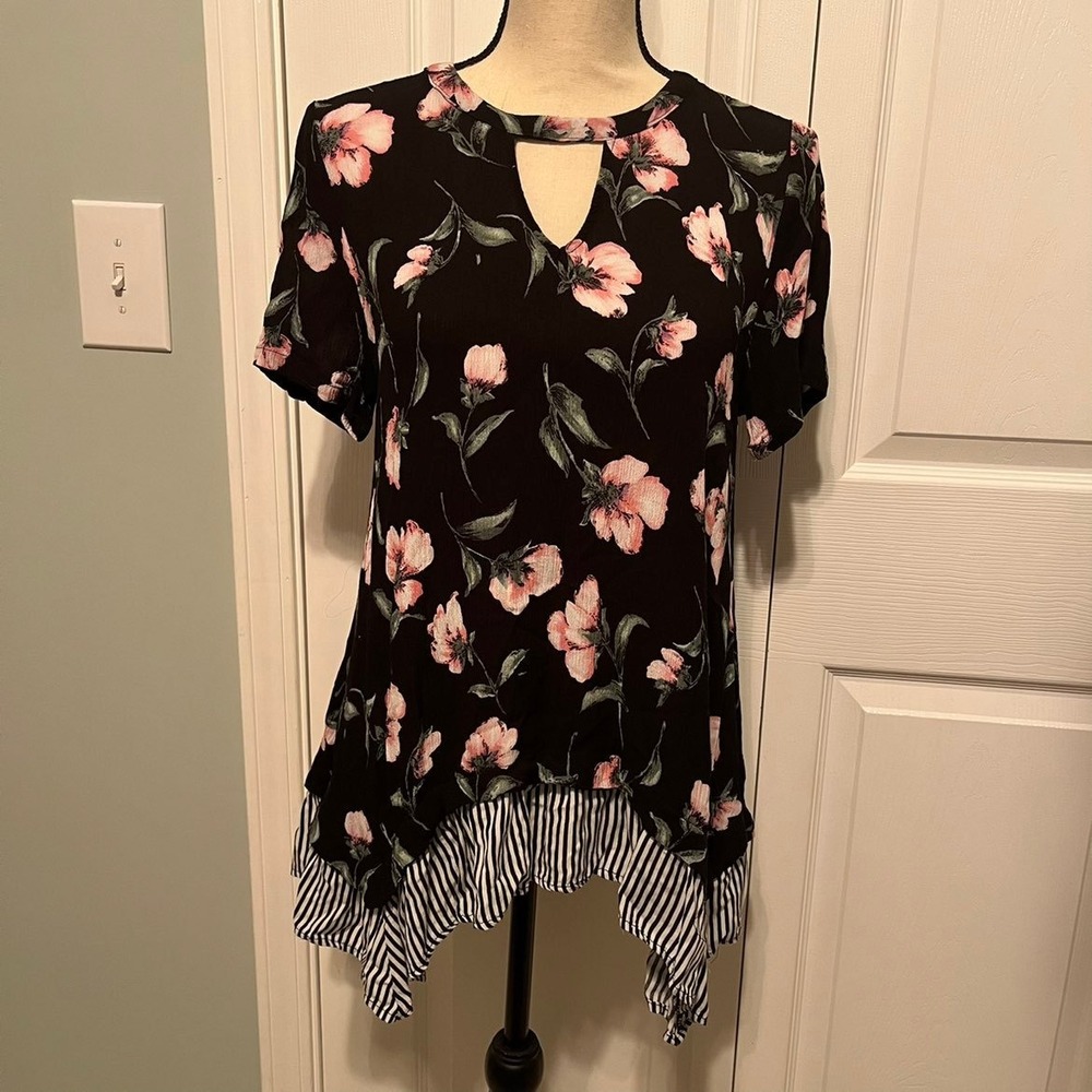 Jodifl Floral Blouse Popover Top Striped Trim Womens Small Fairygoth Whimsy FLAW